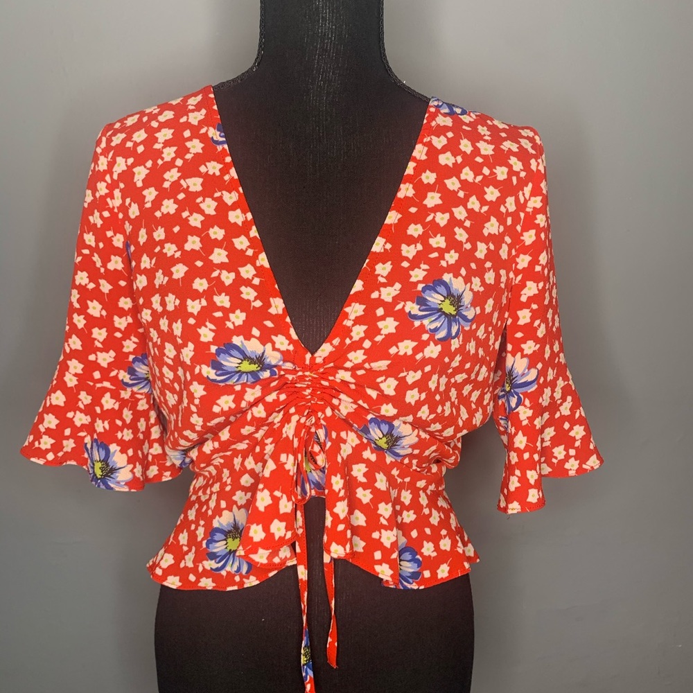 Top Shop Red Floral blouse, w/ bell sleeves